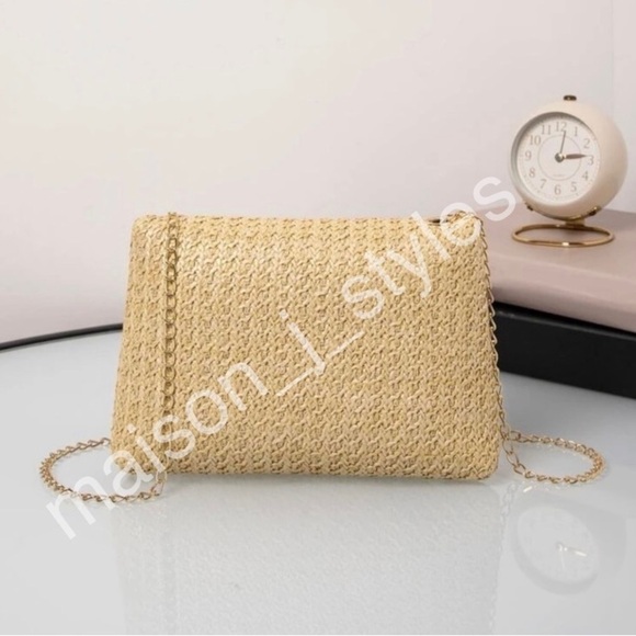 straw bag adjustable gold chain crossbody shoulder Boho spring summer neutral - Picture 2 of 8